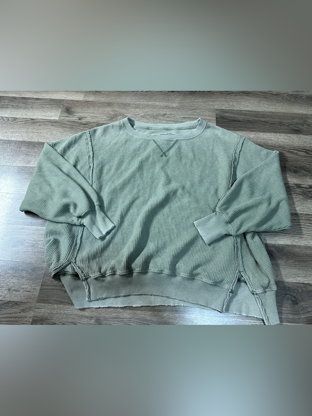 American Eagle Outfitters Women's Sage Green Waffle Crewneck Sweater